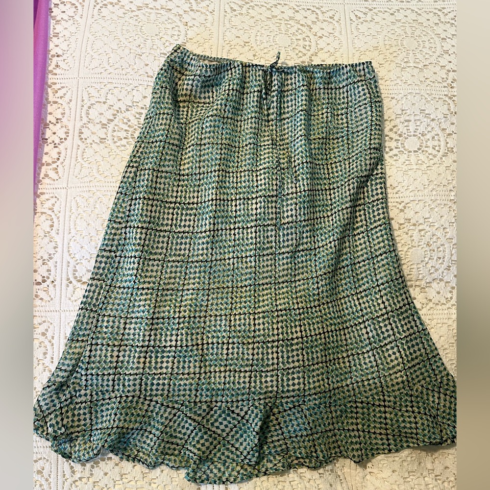 Vintage Lapis Green Patterned A-Line Skirt w/ ruffle and adjustable drawstring L